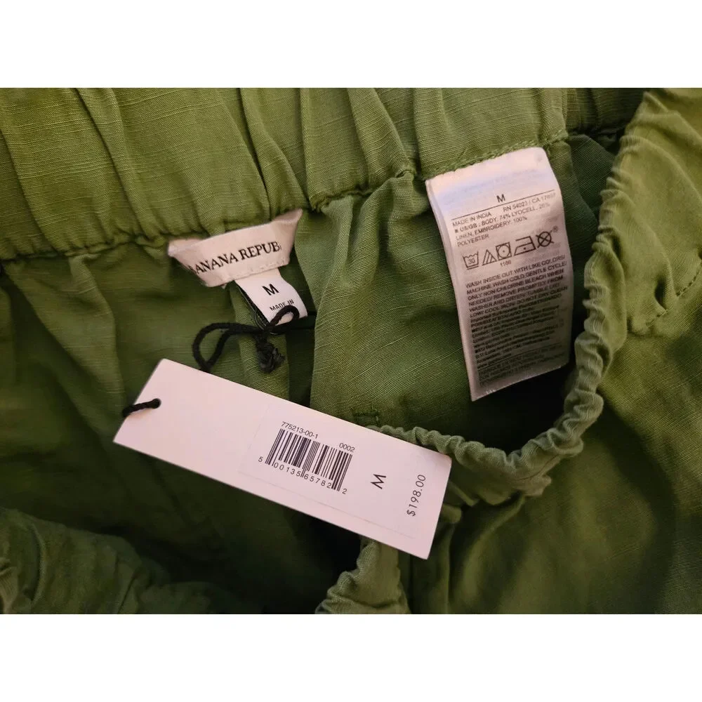 Banana Republic Green High Rise Wide Leg Embroidered Linen Pants, Women's M NWT
